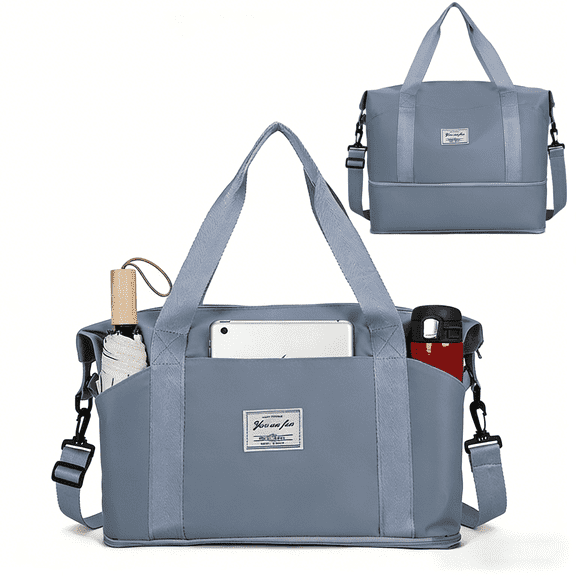 Expandable Travel Bag with Shoulder Strap for Men Women,3 Slash Pockets Airline Approved Personal Item Bag 18x14x8,Gym Bag with Wet Pocket,Foldable Duffel Bag Weekender Bag(Blue)