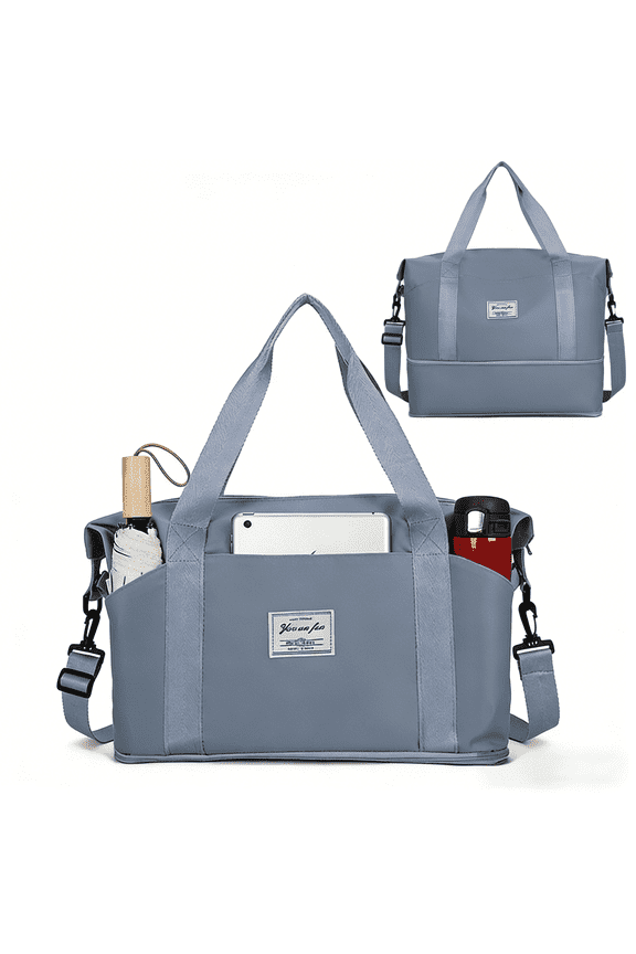 Expandable Travel Duffel Bag with Shoulder Strap for Men Women,3 Slash Pockets Airline Approved Personal Item Bag 18x14x8,Gym Bag with Wet Pocket,Underseat Foldable Carry on Weekender Bag(Blue)