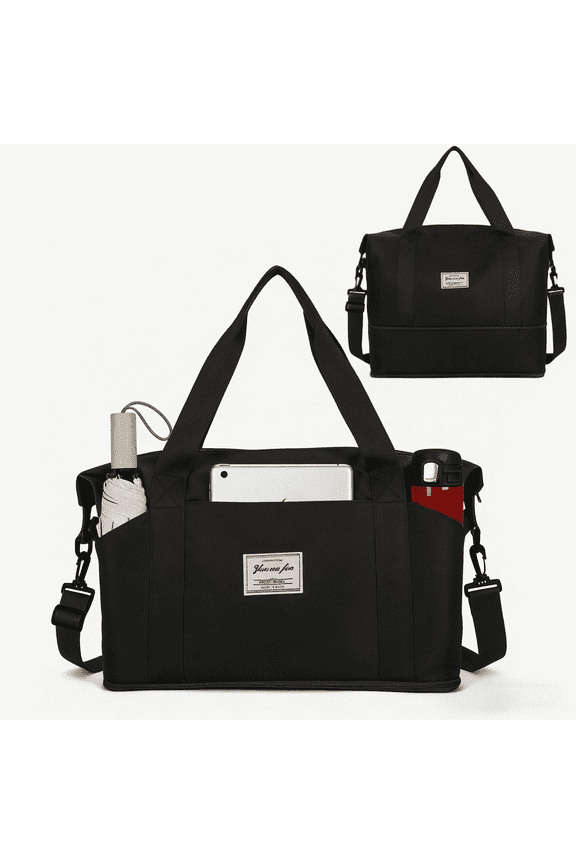 Expandable Travel  Bag with Shoulder Strap for Men Women,3 Slash Pockets Airline Approved Personal Item Bag 18x14x8,Gym Bag with Wet Pocket,Underseat Foldable Duffel Bag Weekender Bag(Black)