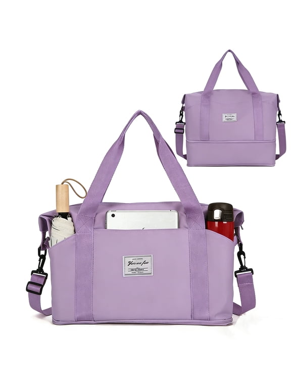 Expandable Travel Duffel Bag with Shoulder Strap for Women,3 Slash Pockets Airline Approved Personal Item Bag 18x14x8,Gym Bag with Wet Pocket,Underseat Foldable Carry on Weekender Bag(Purple)