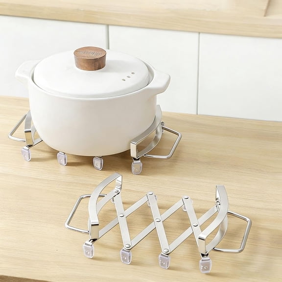 Expandable Trivet with Handles - Adjustable Stainless Steel Hot Plate Holder for Cooking, Baking Pans, Casserole Dishes & Cookware (Heat Resistant, Folds Flat, Silver)