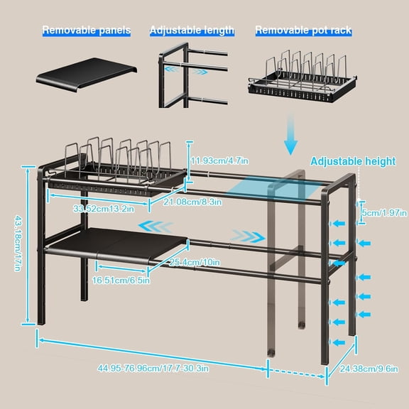 Expandable Under Cabinet Pot and Pan Organizer with 6 Dividers, Adjustable Height Kitchen Storage Rack for Pots Lids Baking Trays, Black