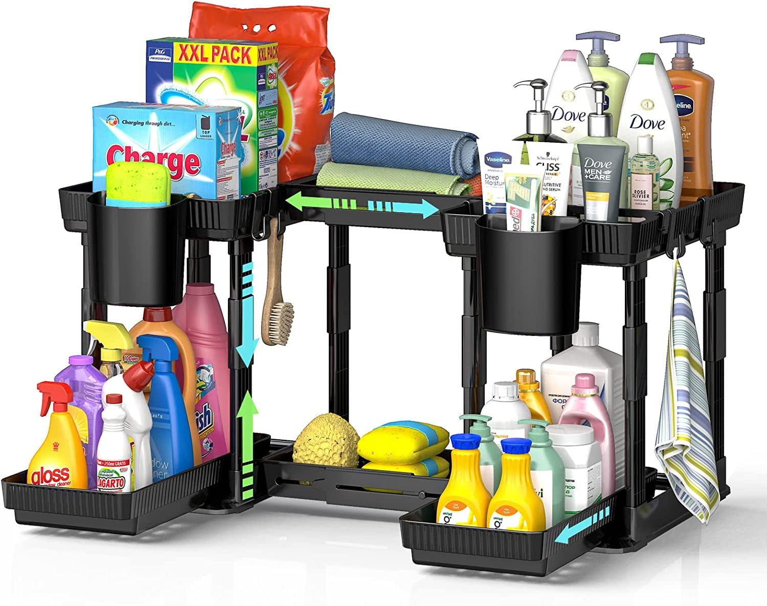 Expandable Under Sink Organizer, 2 Tier Pull Out Sliding Under Bathroom Storage