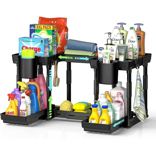 Expandable Under Sink Organizer, 2 Tier Pull Out Sliding Under Bathroom