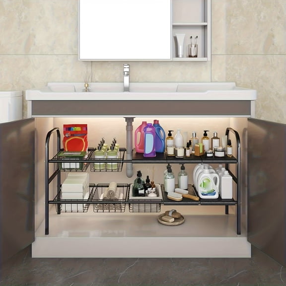 Expandable Under Sink Organizer, Adjustable 2-Tier Kitchen Storage Shelf with 5 Panels and 5 Hanging Baskets