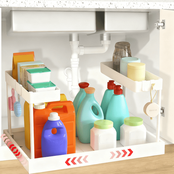 Expandable Under Sink Organizers Storage With Upgrade Ball-Bearing Slide Tracks,2-Tier Pull Out Under Cabinet Organizer Height Adjustable (White)