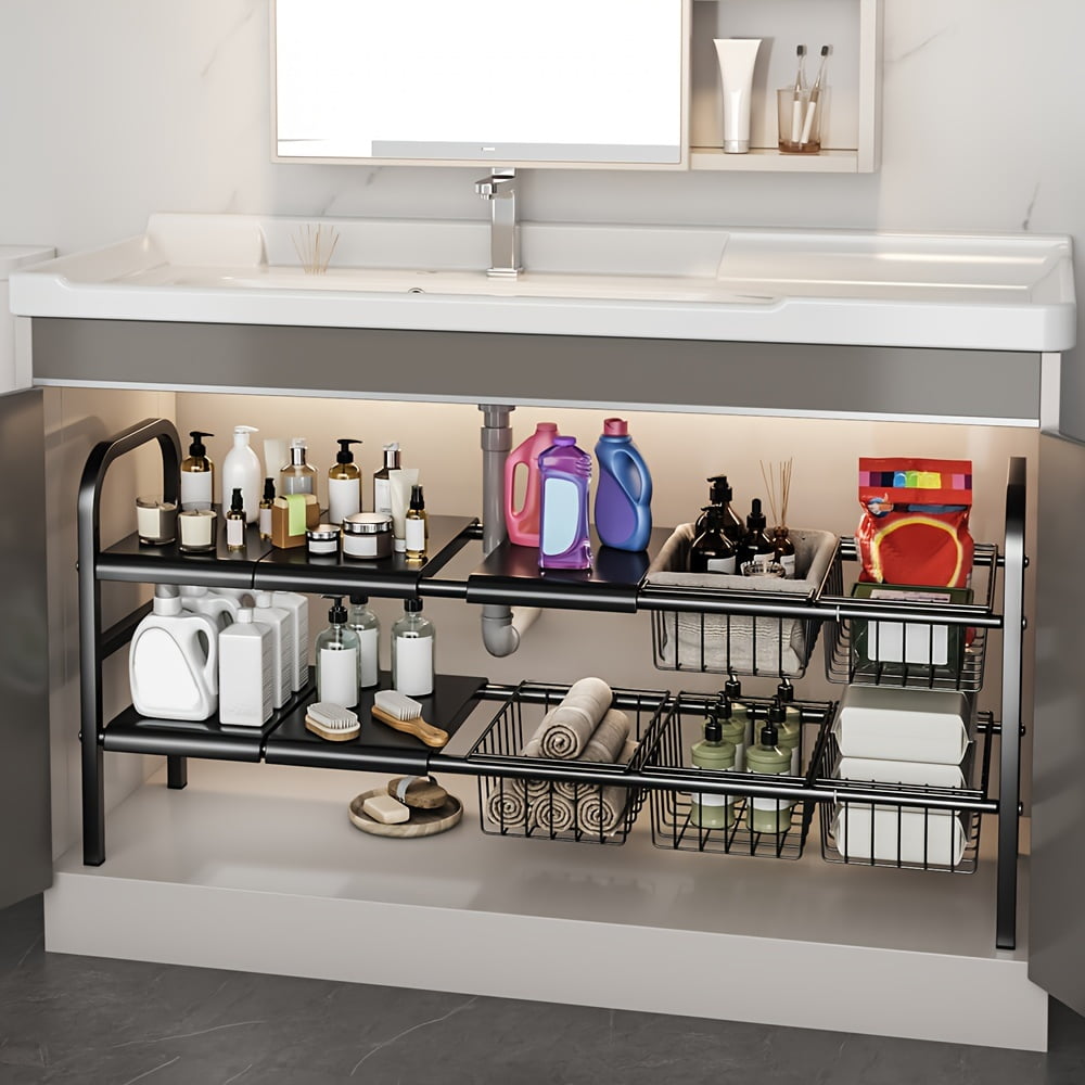 Expandable UnderSink Storage Shelf Organizer Rack for Bathroom and