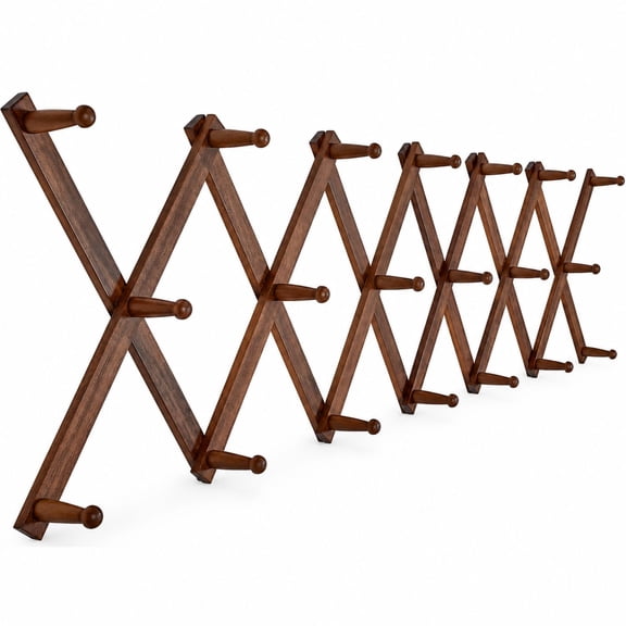 Expandable Wall Mounted Coat and Hat Rack, 20 Hooks, Walnut Wood, Accordion Design for Coats, Bags, and Baseball Caps