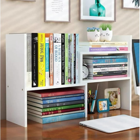 Expandable Wood Desktop Bookshelf,Desktop Organizer Office Storage Rack,Free Style Rotation Display Shelf,Adjustable Desk Hutch Corner Desk Storage Shelf,Desk Top Shelfing,Home Decor(White)