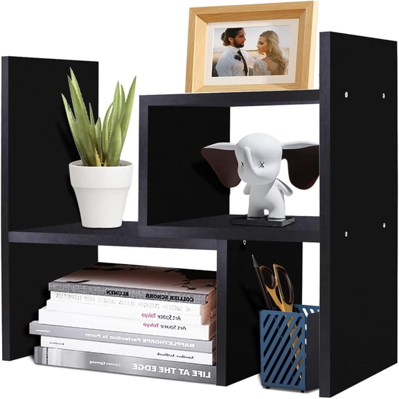 Expandable Wood Desktop Storage Organizer Multipurpose Desk Bookshelf Case Display Shelf Rack Counter Top Bookcase for Office Home | Black