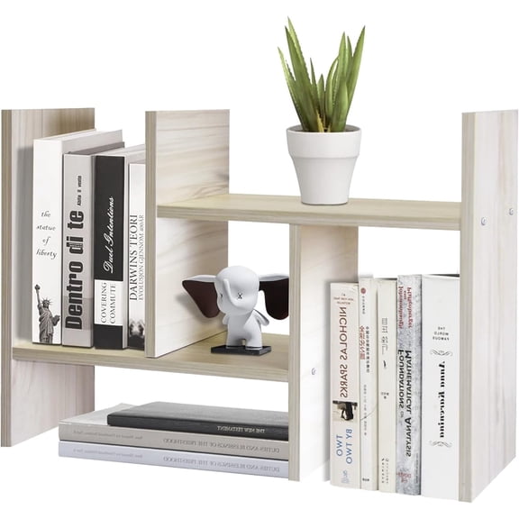 Expandable Wood Desktop Storage Organizer Multipurpose Desk Bookshelf Display Shelf Rack Counter Top Bookcase for Office Home | Natural Beige