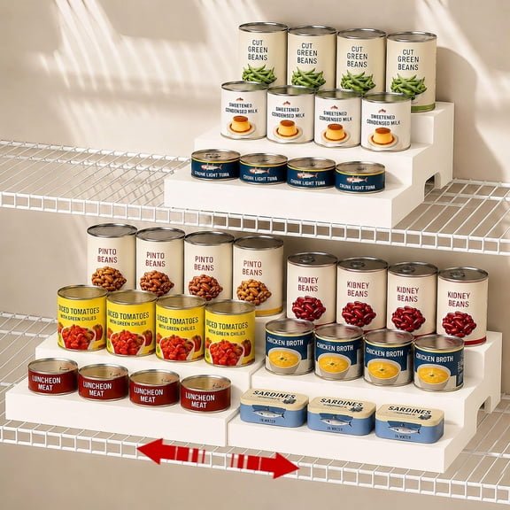 Expandable Wooden Can Organizer for Pantry, Adjustable 3-Tiered Shelf Holds 24 Cans, Rack for Cabinet & Countertop, Space Saving Holder for Small Kitchens & Apartments, White