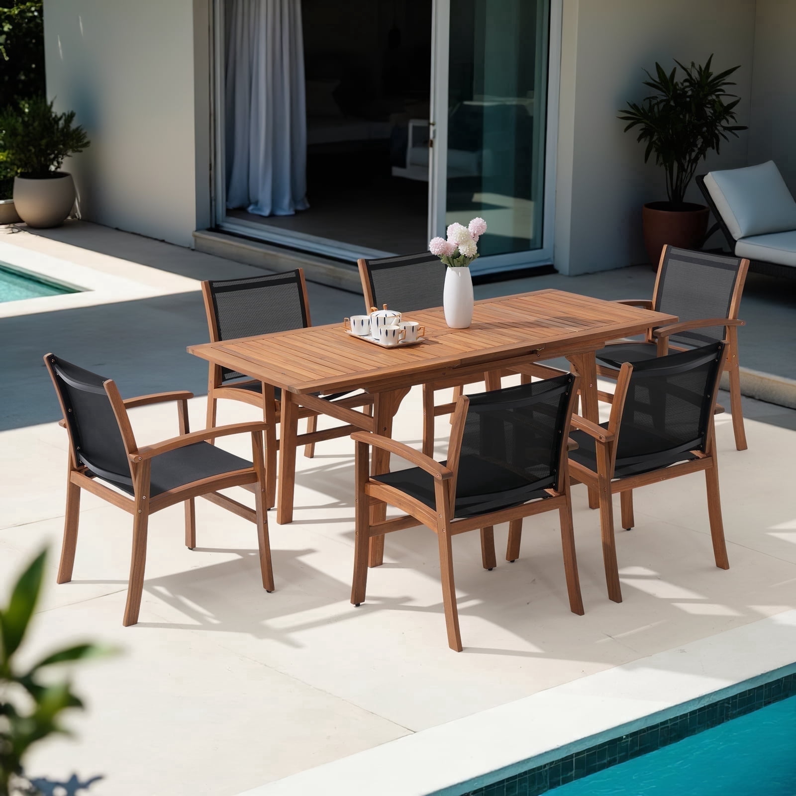 Expandable Wooden Outdoor Dining Set of 7, with Textilene Fabric Chairs, 4-8 Seater Patio Furniture, Adjustable Feet, Wood Table with Umbrella Hole, Ideal for Garden/Backyard/Deck, Black Chair