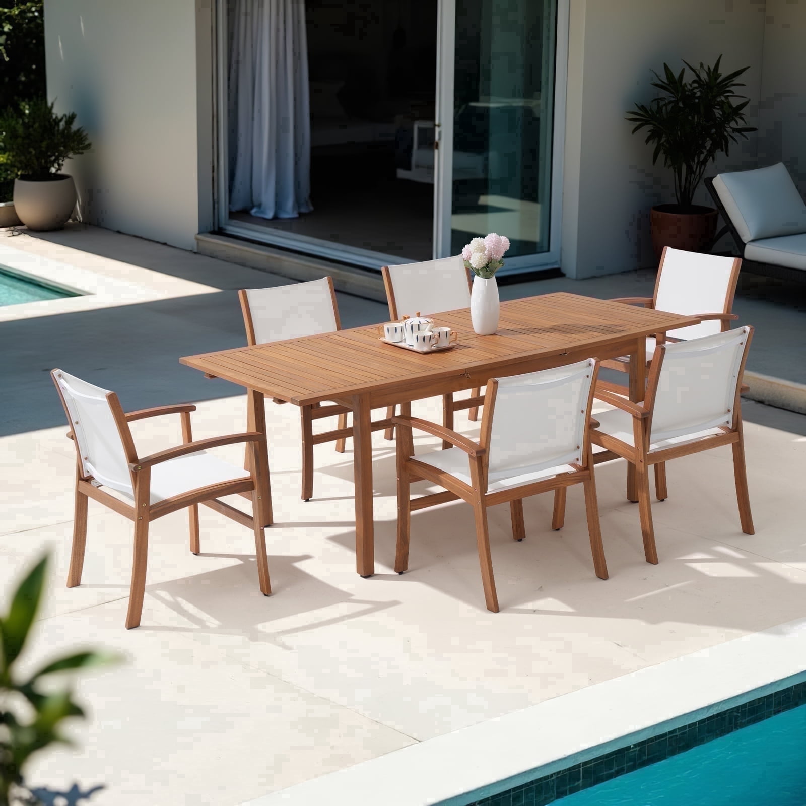 Expandable Wooden Outdoor Dining Set of 7, with Textilene Fabric Chairs, 4-8 Seater Patio Furniture, Adjustable Feet, Wood Table, Ideal for Garden/Backyard/Deck, White Chair