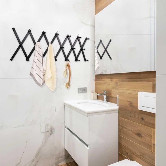 Expandable Wooden Wall Rack with 20 Hooks - Space-Saving Coat Rack for Hats, Mugs, Jewelry (Black)