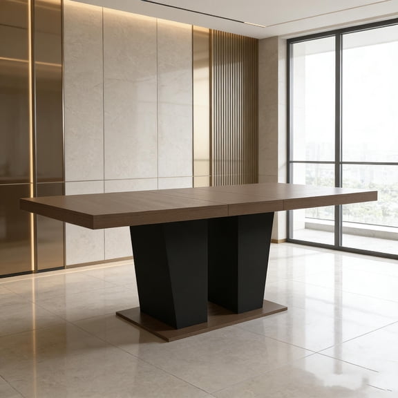 Expandable dining table, accommodates 4-10 people, features a transforming design with a black double-column base, suitable for a modern extendable dining table in the kitchen or dining room