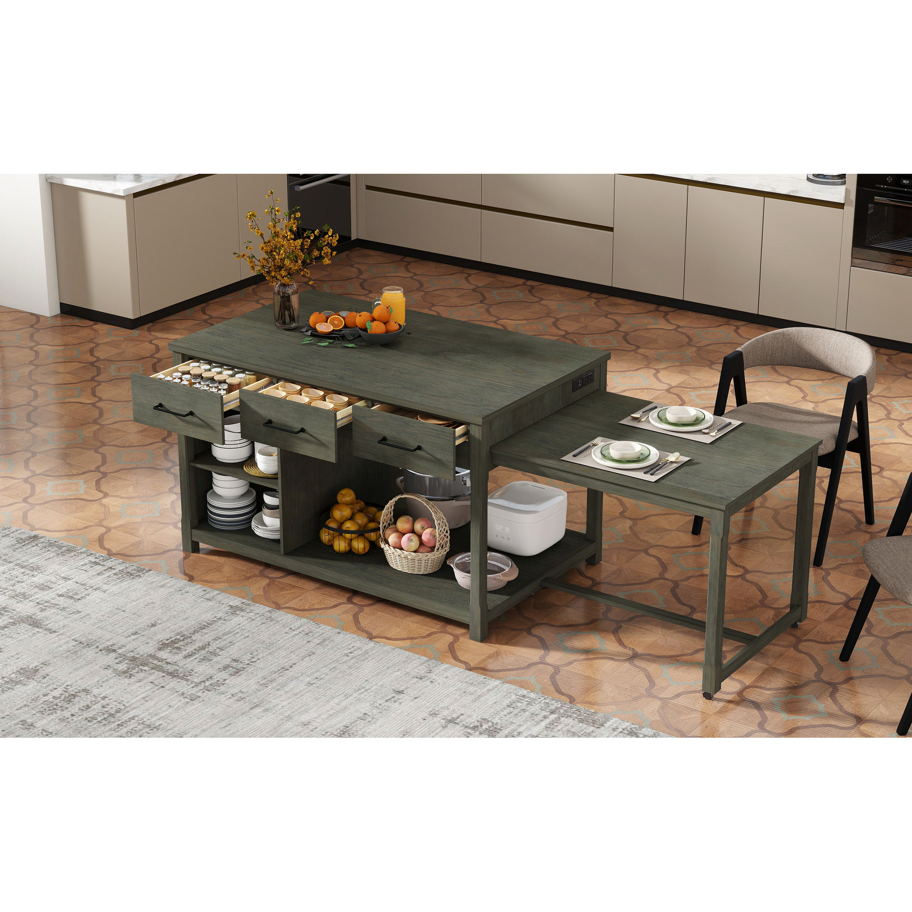 Expandable gray kitchen island with 3 big drawers open shelves and