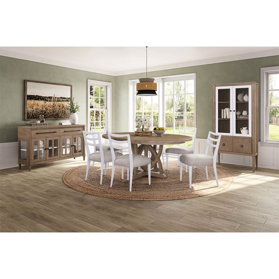 Expandable round table with glass front server | Great for entertaining, offers storage and display
