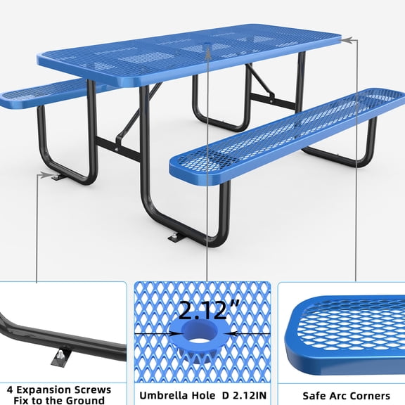 Expanded Metal 72" Rectangular Table | Suitable for Patios and Parks | Galvanized Steel Legs for Durability | Quick Setup for Outdoor Enjoyment