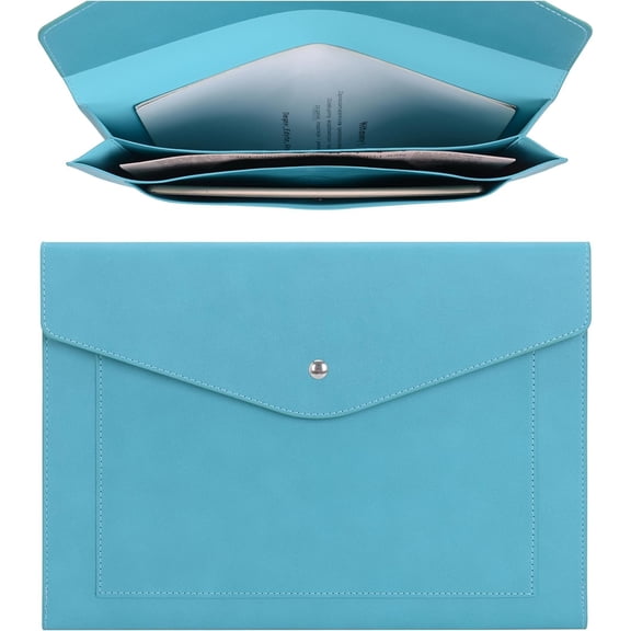Expanding A4 Document File PU Leather Envelope Case Holder-Large Size Pockets for Paper Bills Stationery Tablet and PC, Work Study Traveling (Cyan)