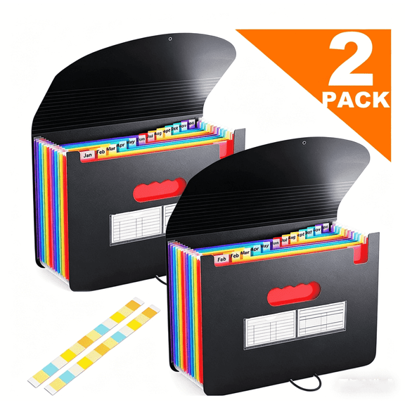 12-Pocket Accordion Organizer, Expanding File Folder with Labels, Portable Document Organizer for Office, School, Home(2-piece set)