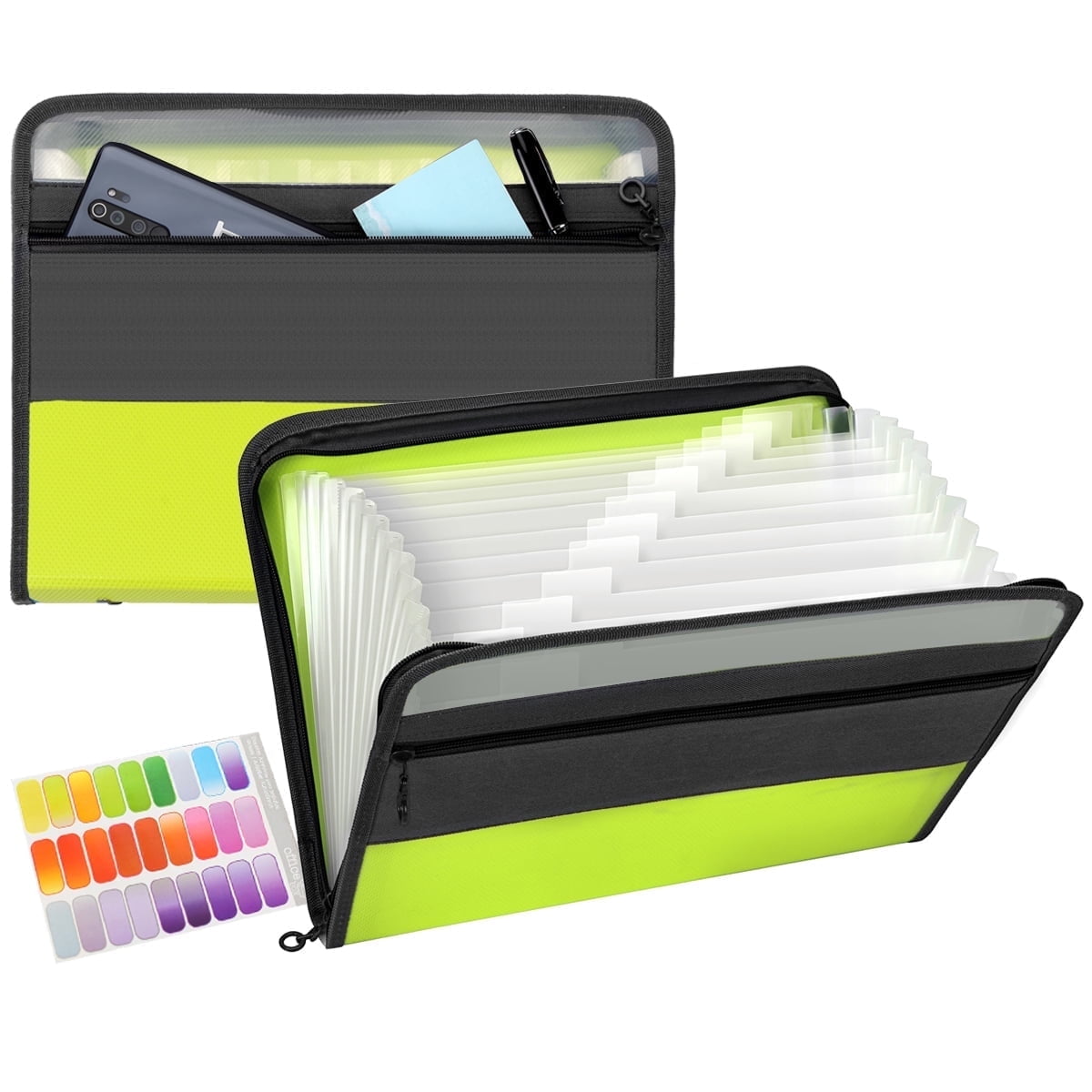 Expanding File Folder 13 Pockets with Zipper Closure, TRANBO A4/Letter Size Plastic Portable Document Organizer(Green)