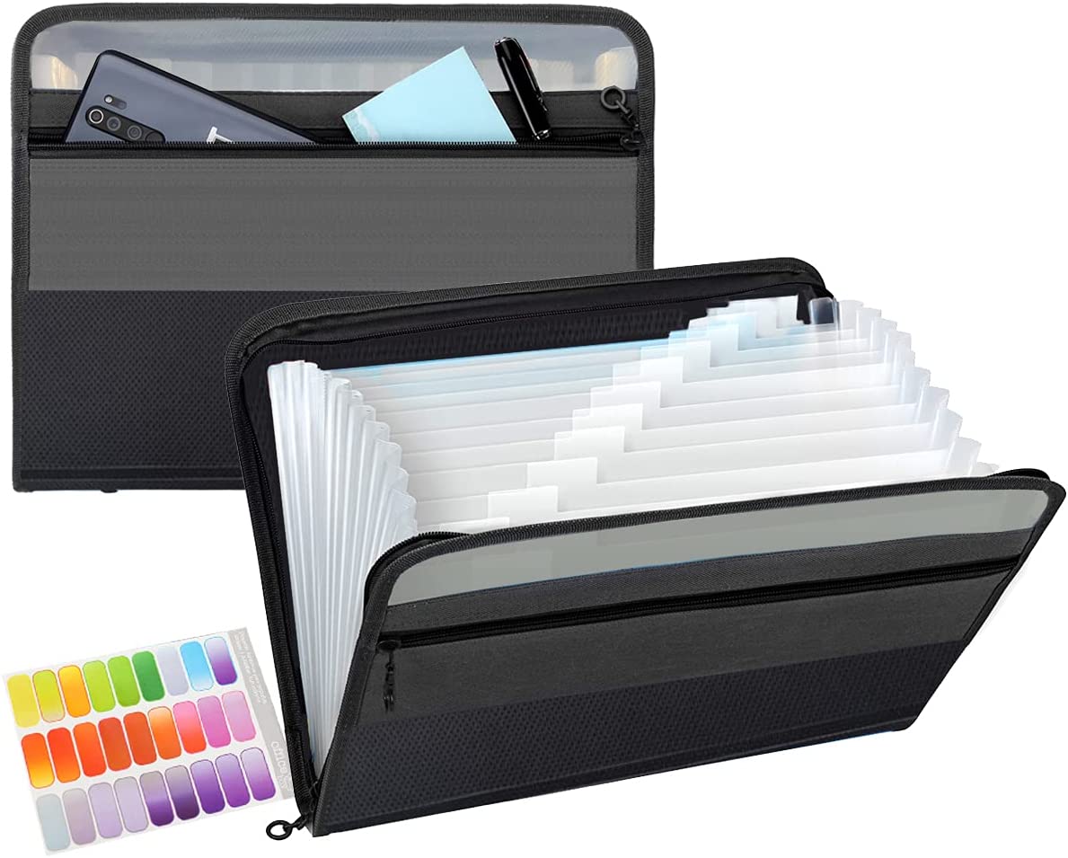 Expanding File Folder 13 Pockets with Zipper Closure, TRANBO Letter/A4 Size  Plastic Portable Document Organizer (Black) 