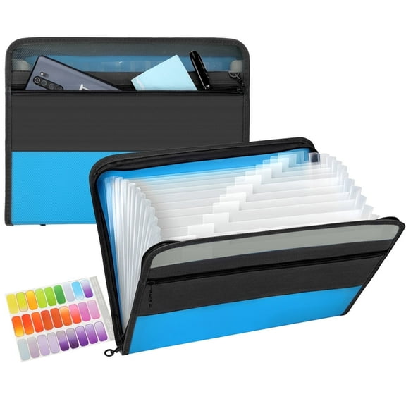 Expanding File Folder 13 Pockets with Zipper Closure, TRANBO Letter/A4 Size Plastic Portable Document Organizer (Blue)