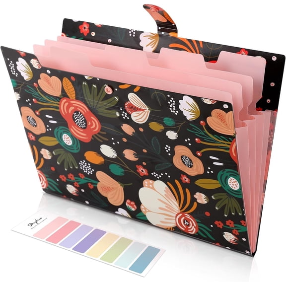 Expanding File Folder with 5 Pockets, Floral Accordion File Organizer for Important Document, Portable Receipt Paper Organizer, School Office Supplies Black