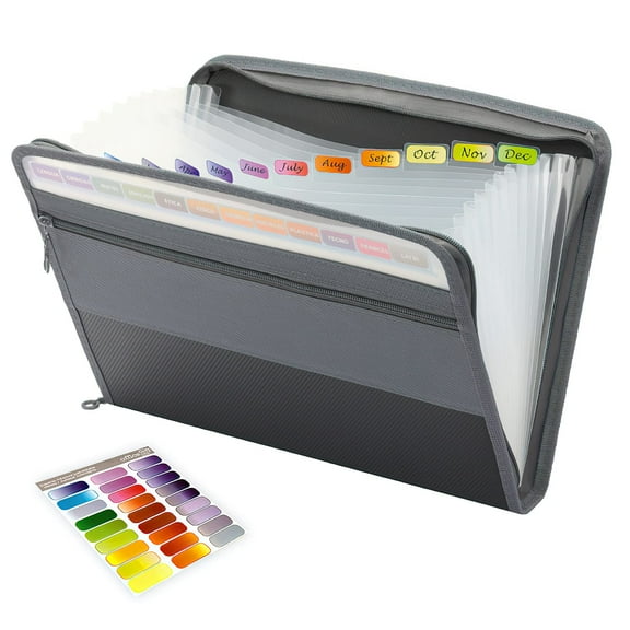 Expanding File Folder Organizer 13 Pocket Zippered Accordian File Organizer Keeper Letter A4 Paper Portable Document Organizer with 27 Pcs Sticky Labels for Travel School Office Home