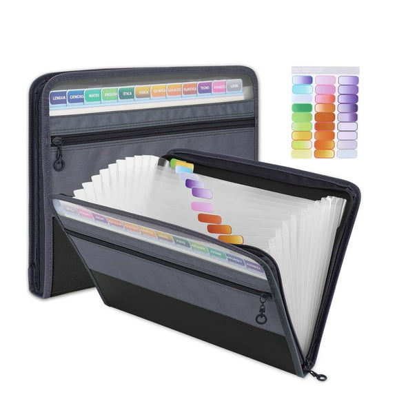 Expanding File Folder with 13 Pockets,A4 Paper File Folder with Zipper Color Labels,Waterproof Accordion File Folder Organizer for Home Office,Black