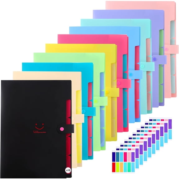 Expanding File Folders with 5 Pocket,A4 Letter Size Accordion Document Organizer,Plastic Expandable File Folder with Snap Closure, 120 Labels in 12 Colors for Office Supplies, Pack of 10