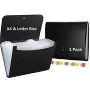 TOSYOFFI Expanding File Folder, 13 Pocket Accordion Folder, Black Plastic, A4/Letter Size, 350 Sheet Capacity, Document Organizer with Index Labels for Office Teacher Home - 1 Pack