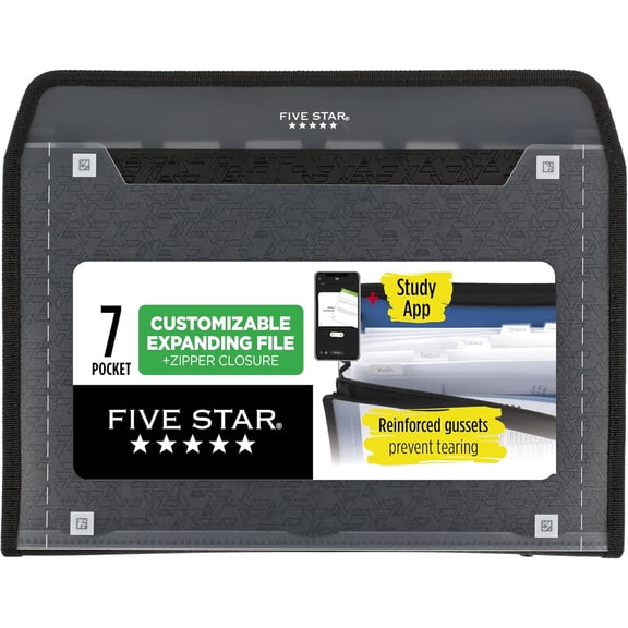 Expanding File Organizer + Study App, 7-Pocket Accordian File Organizer, Zipper Closure, Holds 8-1/2" x 11" Paper, Black (72709)