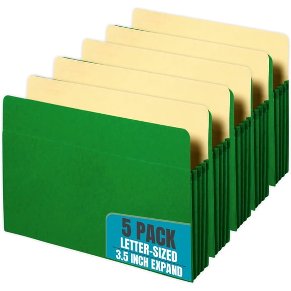 Expanding File Pockets, File Jackets, File Wallet, 3.5" Expansion, Letter Size, Reinforced Straight Cut Tab, Gusset, Green, 5 Pack