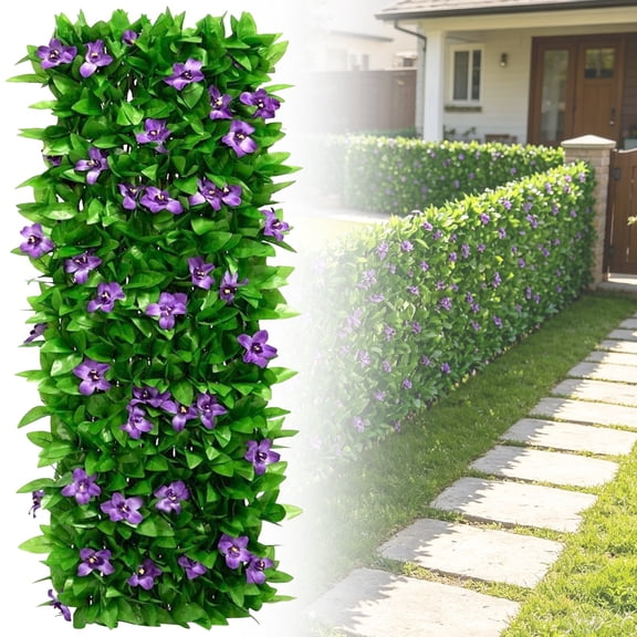Expanding Garden Trellis Panels Garden Fence Screening with Artificial Ivy & Violet Flower, Decorative Faux Ivy Leaf Privacy Screen Greenery Backdrop for Backyard, Balcony