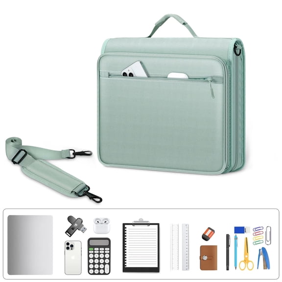 ExpanseEcho 3-Ring Zipper Binder with Accordion File Organizer and Shoulder Strap, Green