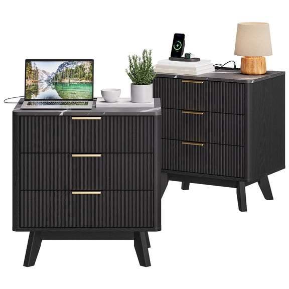 ExpanseEcho Fluted Bedside Table with 3-Drawer & Charging Station - Black, Set of 2