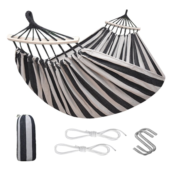 ExpanseEcho Striped Fabric Hammock with Spreader Bars and Storage Bag, Black and White