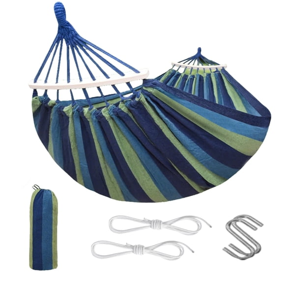 ExpanseEcho Striped Fabric Hammock with Spreader Bars and Storage Bag, Blue and Green