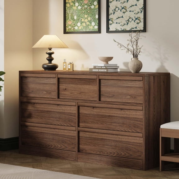 ExpanseEcho 7-Drawer Dresser Walnut MDF 54 x 15.9 x 30.6 in for Bedroom, Organized Storage Cabinet