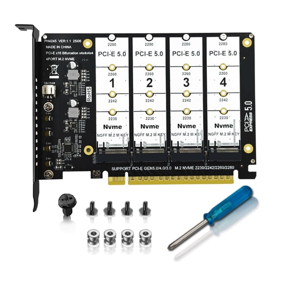 Expansion Card for PCIe 5.0 Systems Adding Four M.2 NVME SSDs Slots Offering Fast Data Rates and Broad Compatibility