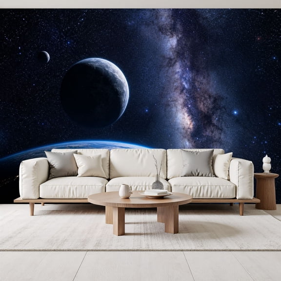 Expansive View Earth universe Planets Milky Way celestial bodies Peel and Stick Wall Murals 69"H x 96"W Removable PVC Wallpaper Self-Adhesive Wall Paintings for Bedroom Nursery Room