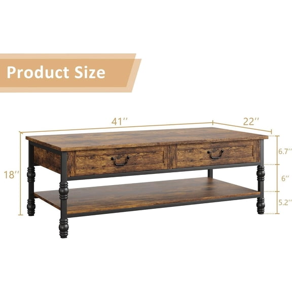 Expect Great Savings 41" Wooden Coffee Table with Drawers - Multi-Functional Retro Style Storage Table for Living Room, Office & Small Spaces | Sturdy Metal Frame, Elegant Wood Grain Design,Brown