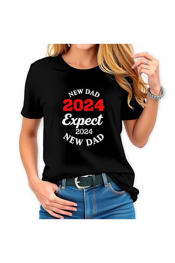 Expect New Dad 2024 Cotton Short Sleeve T-Shirt - Bold Red & White Design on Black Tee Relaxed Fit for Casual Style