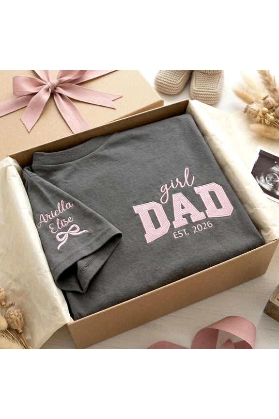 Expecting Girl Dad Shirt, Pregnancy Announcement Shirt for Dad, Embroidered Dad Of Girls Shirt With Name, Custom Embroidered Sweatshirt