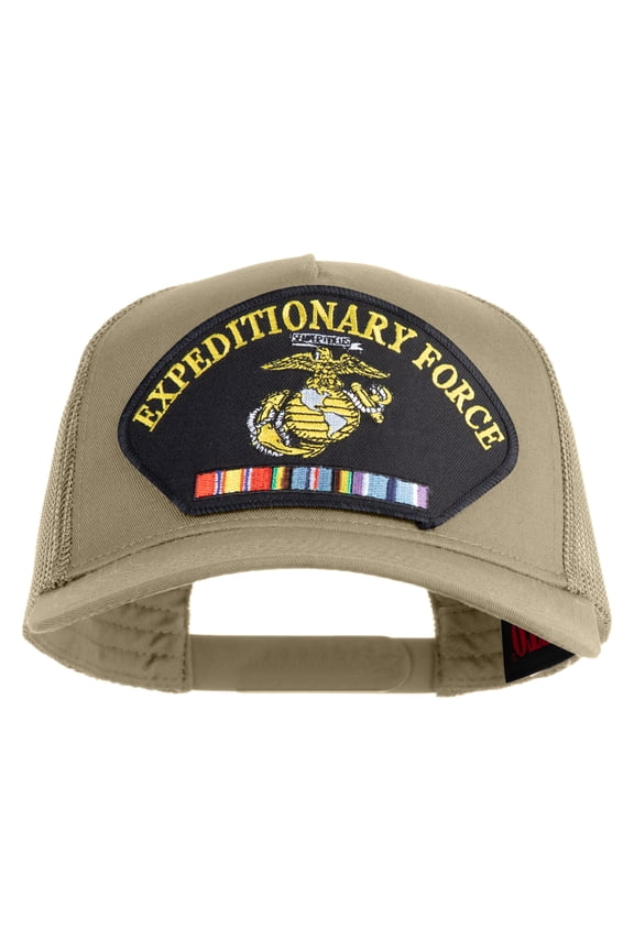 Expeditionary Force USMC Patched Solid Cotton Twill 5 panel Mesh Back Cap - Khaki OSFM
