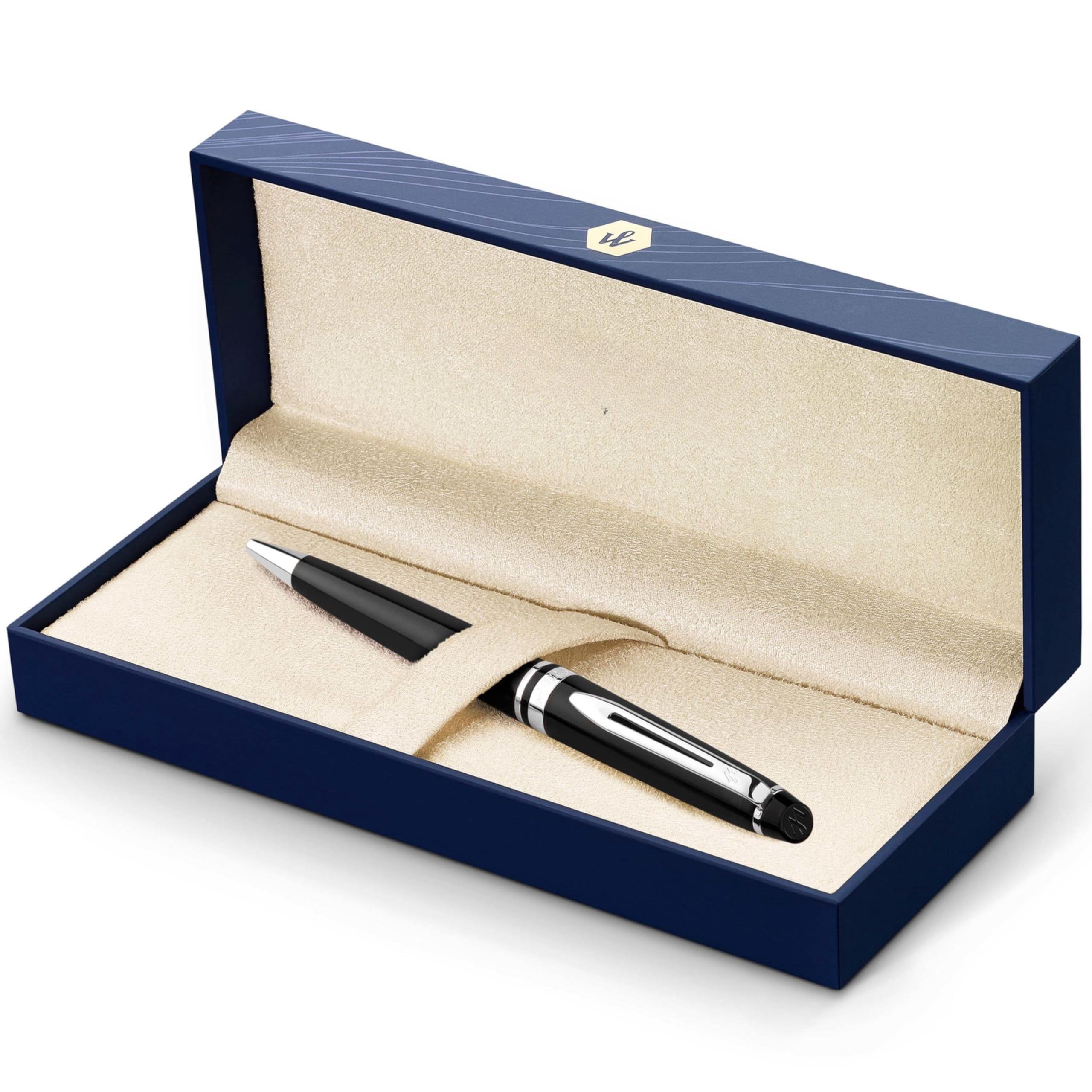 Expert Ballpoint Pen  Gloss Black With Chrome Trim Medium Tip Blue Ink Luxury In Gift Box - Writing Comfort Signature Style Polished Professional