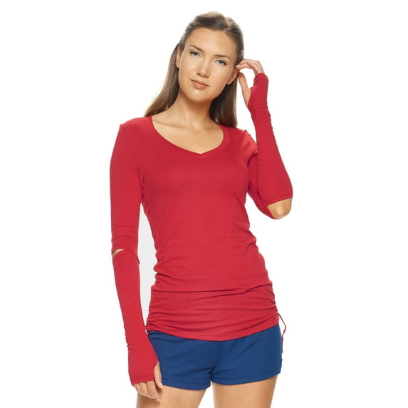 Expert Brand USA-Made Women's MoCA Cotton Blend V-Neck Long Sleeve, Scarlet, XS