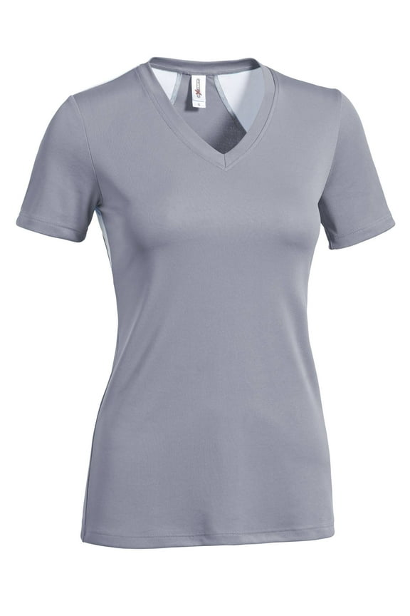 USA-Made Women's DriMax™ Athletic V Neck T-Shirt, Steel/White, XL
